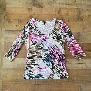 Escada Scoop Neck 3/4 Sleeve Fitted Top Colorful Abstract Print LARGE